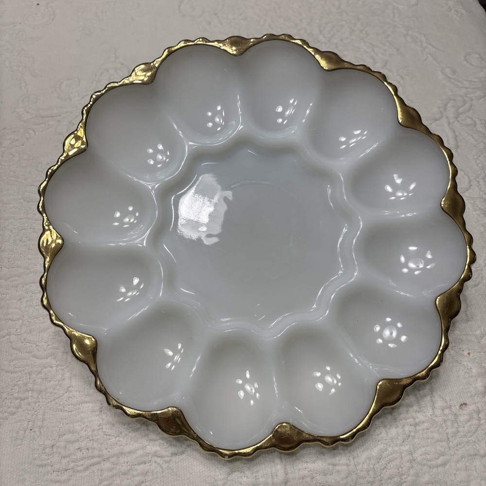 Vintage Anchor Hocking White Milk Glass Deviled Egg Plate Gold Trim 10" Easter